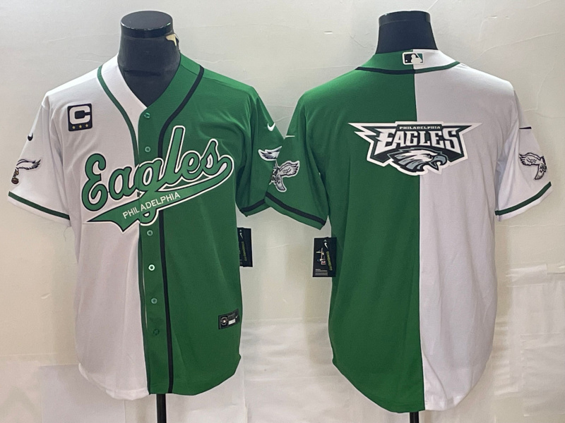 Men's Philadelphia Eagles Green/White Split Team Big Logo With 3-star C Patch Cool Base Stitched Baseball Jersey Men's Philadelphia Eagles Green/White Split Team Big Logo With 3-star C Patch Cool Base Stitched Baseball Jersey